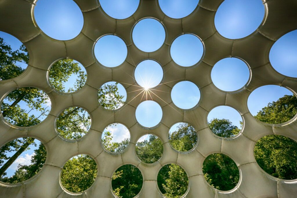 The view of a closed dome from the inside, with round windows that let the trees, sun and sky in. 
