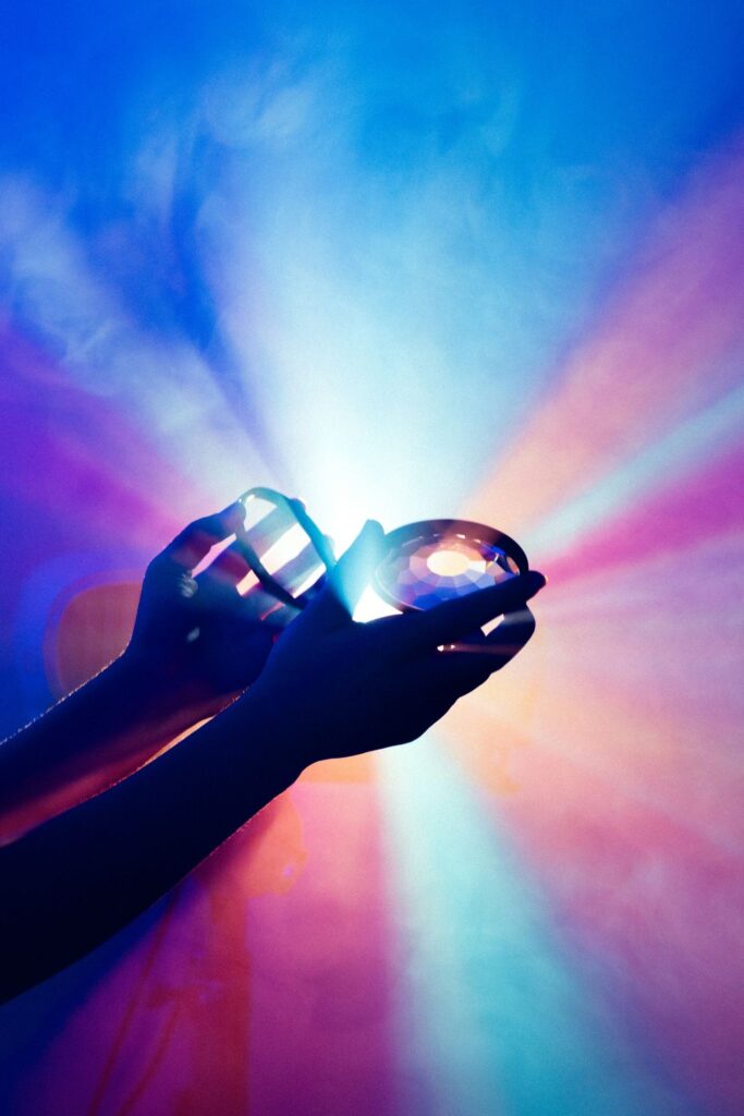 Light filtering through lenses as a metaphor for mental filters through which we process the world. 